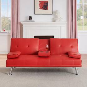 Ak-hls1ff1082-r0 Aukfa Convertible Red Sofa Bed Futon Tuffed Faux Leather 2 Hidden Cup Holders Pillows Ak-hls1ff1082-r0 Aukfa Convertible Red Sofa Bed Futon Tuffed Faux Leather 2 Hidden Cup Holders Pillows