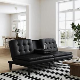 224170 Futon Sofa Bed Black Faux Leather Memory Foam Pillow Top With Cup Holders 224170 Futon Sofa Bed Black Faux Leather Memory Foam Pillow Top With Cup Holders