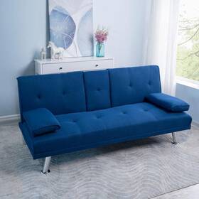 2-cupholders Homestock 21106w Futons Blue Bed Linen Futon Couch With Armrest Convertible