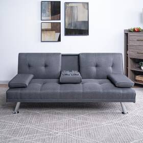 64623hd Homestock Futon 66 Inch W Convertible With Armrest 2-cup Holder Linen Wood Light Gray 64623hd Homestock Futon 66 Inch W Convertible With Armrest 2-cup Holder Linen Wood Light Gray