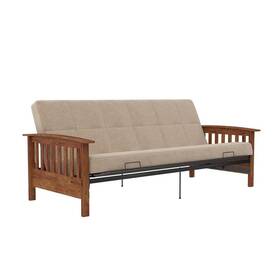Pr-4753-2753974 Pemberly Row Wood Arm Metal Futon Frame With 6-inch Full Mattress In Tan Pr-4753-2753974 Pemberly Row Wood Arm Metal Futon Frame With 6-inch Full Mattress In Tan