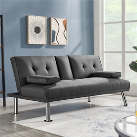 Reclining Futon Modern Fabric Home Seat With Cupholders And Pillows Gray Reclining Futon Modern Fabric Home Seat With Cupholders And Pillows Gray