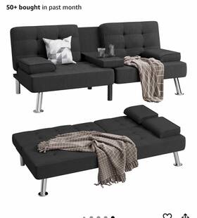 Shahoo Fs203f0001 Modern Linen Futon Sofa Bed Convertible Folding With Armrests Cups Black