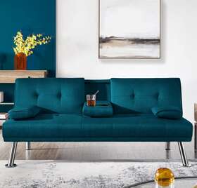 Y Tech 798911528866 Convertible Sofa Bed Sleeper Adjustable Futon Couch Full Blue Linen Flat
