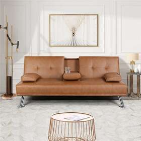 Yaheetech 646254768442 Modern Recliner Couch Faux Leather Futon Sofa Bed Brown Full