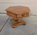 Vintage Ethan Allen Heirloom Nutmeg Maple Wood Hexagonal Pedestal Table J53. Fixed Price $405.00.