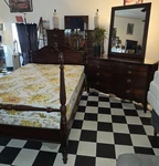 Antique Dixie Mahogany Poster & Double Bow Front Dresser Mirror Bedroom Set. Fixed Price $1099.95.