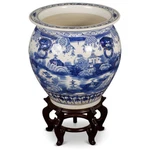 Us Seller - 16 Inch Blue White Porcelain Village Oriental Fishbowl Planter. Fixed Price $385.56.