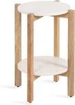 Moxley Round Side Table - White Marble & Natural Wood, Tiered Pedestal Design. Fixed Price $249.99.