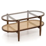 2-TIER Coffee Table Tempered Glass Top W/ Rattan Shelf & Acacia Wood Frame. Fixed Price $116.99.