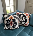Pair Of Woven Chenille & Black Velvet Bliss Studio Large Square Throw Pillows. Fixed Price $185.00.