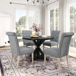 Dining Set 5-PIECE Cross-buck Round Table With 4 Tufted Chairs, Gray. Fixed Price $788.17.