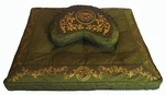 Meditation Cushion Set Crescent Zafu Pillow Zabuton Floor Mat Lotus Motif Olive. Fixed Price $309.00.