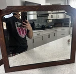 Antique Heavy Solid Tiger Oak Mirror American Theater Style Beveled Frame. Fixed Price $145.00.