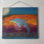 Hand Painted On Reclaimed Cabinet Door Dolphin At Sea Sunset Vintage Art Deco. Fixed Price $65.00.