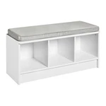 Closetmaid 1631 Cubeicals 3-CUBE Storage Bench, White With Gray Cushion. Fixed Price $102.99.