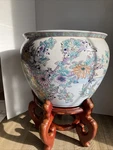 Chinese Oriental Asia Porcelain Koi Fish Bowl 10" Planter Jardiniere Wood Base. Fixed Price $75.00.
