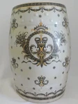 Garden Stool Regal Barrel Shape Heraldic Ornate Design China Crackle Finish. Fixed Price $395.00.