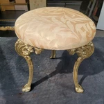 Cast Iron French Victorian Style Upholstered 3 Leg Round Ornate Stool Seat. Fixed Price $100.00.