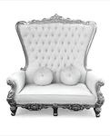Double High Back Chair Queen Throne In White Leather Silver Frame. Fixed Price $2499.99.