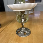 Vntg Milk Glass Pedestal Cherub Dish Gold Tone Floral Design In. Fixed Price $25.00.