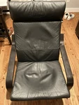 Ikea Poang Black Leather Accent Chair With Dark Wood Frame & Cushions. Fixed Price $40.00.