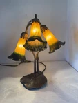 Vtg Tiffany Style Lily Pad Table Lamp 3 Arm Amber & Green Frosted Tulip Shades. Fixed Price $148.00.