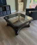 Tommy Bahama Bali 42" Square Rattan Cocktail Table Beveled Glass Top. Fixed Price $500.00.