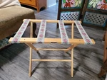 Ex-cell Vintage Luggage Rack Blond Wooden Folding Suitcase Stand Tapestry Straps. Fixed Price $60.00.