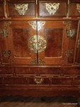 Antique Asian Wooden Cabinet With Ornate Brass Hardware And Four Drawers. Fixed Price $240.00.