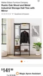 Walker Edison Industrial Wood Metal Hall Tree With Mirror & Shelves, Brown Black. Fixed Price $100.00.