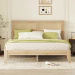 Queen Size Rubber Wooden, Solid Bed With Rattan Headboard. Fixed Price $340.00.