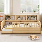 Twin-sized Wooden Floor Bed W/ Fence-style Guardrail,featuring Side Storage. Fixed Price $255.00.