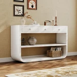 Modern Curved Console Table With 3 Soft-close Drawers & 2 Open Shelves. Fixed Price $349.00.