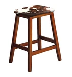 Bar Stool Authentic Cowhide Covered Saddle Seat Style Dark Oak Finish Wood. Fixed Price $229.88.