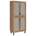 Tall Natural Oak Shoe Storage Double Door Glass Front Cabinet Furniture. Fixed Price $599.00.