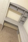 Techni Mobili Computer Desk 62.5 " X 47.25 W, L-shaped Wood Gray W/ Hutch. Fixed Price $105.00.