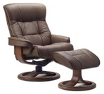 Fjords Bergen Large Recliner Comfort Chair Havana Brown Leather With Walnut Wood. Fixed Price $1795.00.