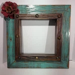 Distressed Rustic Solid Wood Flower Turquoise Brown Mirror Art Photo Wall Frame. Fixed Price $100.00.