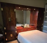 Henredon One Scene Queen Size Headboard With 2 Armoires Bridge Rails Mirrors. Fixed Price $4500.00.