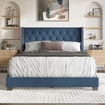 Luxurious Blue King Wingback Bed With Button Tufted Linen Upholstery. Fixed Price $324.99.