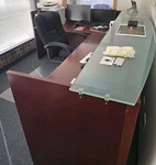 Reception Office Desk Workstation W/ Curved Glass Top Counter, Wood Finish. Fixed Price $300.00.