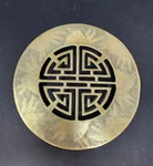 Mcm 7.5" Etched Teapot Trivet Plant Stand Vtg Asia Symbol Floral Brass Hong Kong. Fixed Price $18.50.