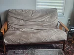 Futon Company Wood Frame Sofa Bed Brown Solid Fabric Full Sleeper 58X42. Fixed Price $95.00.