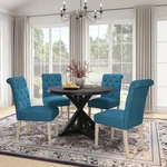 Blue Banff 5-PIECE Dining Set, Cross-buck Round Table With 4 Tufted Chairs. Fixed Price $849.03.