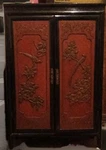 Antique Asian Lacquer Black And Red Floral Design Armoire Wardrobe. Fixed Price $500.00.