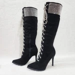Queens Fx Suede & Rhinestone Pointy Toe High Heels Stiletto Lace Up Knee Boots. Fixed Price $72.95.