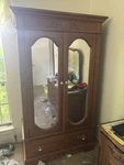 Antique Wooden Wardrobe With Mirrored Doors, Drawers, Shelves, Solid Finish. Fixed Price $475.00.