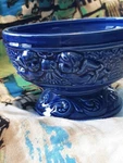 Vintage Colbalt Blue Ceramic Pedestal Dish Cherub Design, Woodpecker Products. Fixed Price $15.00.
