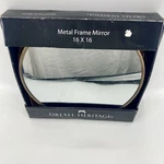 Drexel Heritage 16 Inch Round Leather Strap Metal Framed Mirror. Fixed Price $175.00.